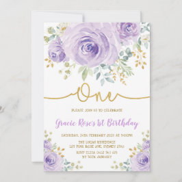 Lila Lavender Ro Girl 1:a födelsedagen Party Inbjudningar