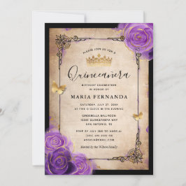 Lila Lavender Ro Guld Watercolor Quinceanera Inbjudningar