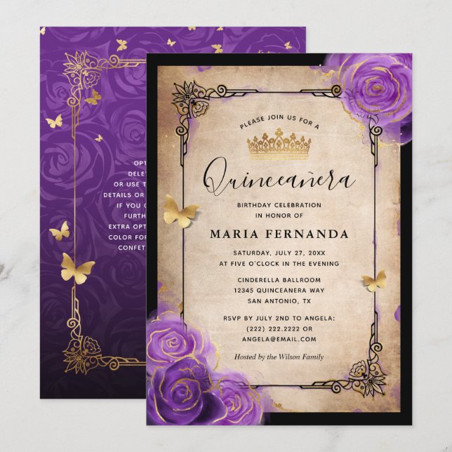 Lila Lavender Ro Guld Watercolor Quinceanera Inbjudningar (Fram/baksida)