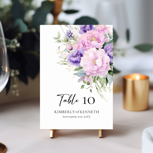 Lila Lavender Rosa Blommigt Bord Bröllop Bordsnummer (Purple Lavender Pink Floral Table Wedding Sign Table Number)