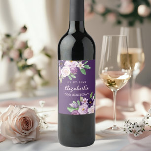 Lila Lavender rosa blommigt födelsedag Vinflaska Etikett
