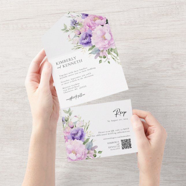 Lila Lavender Rosa Blommigt OSA QR-kod Bröllop (Avrivbar del)