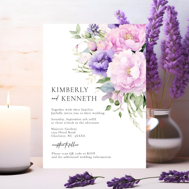 Lila Lavender Rosa Blommigt OSA QR-kod Bröllop Inbjudningar (Purple Lavender Pink Floral RSVP QR code Wedding Invitation)