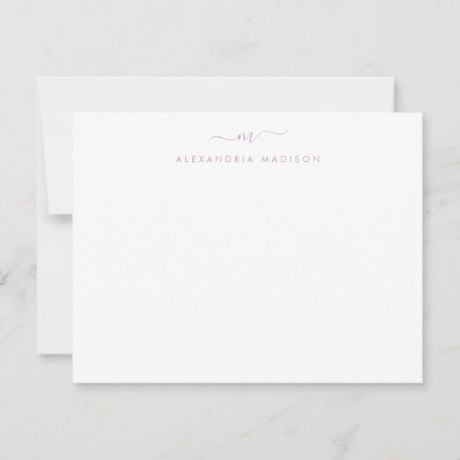 Lila Lavender Script Monogram Swash Stationery Anteckningskort (Framsida)