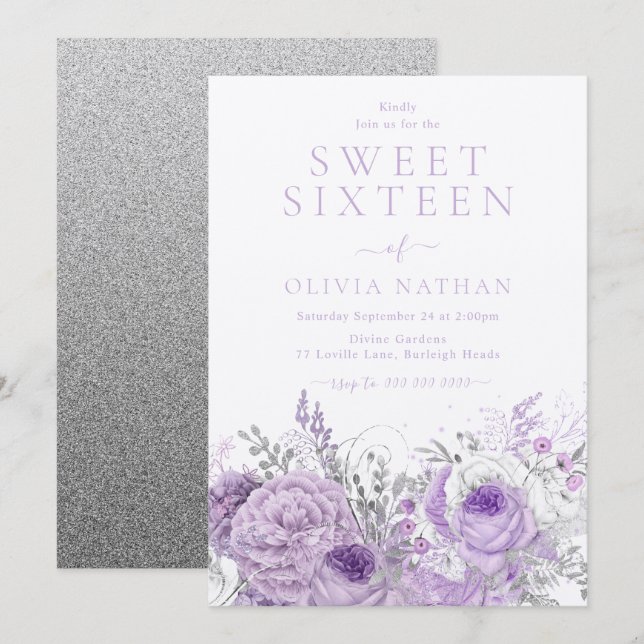 Lila Lavender Shimmer Blommigt Sweet 16 Party Inbjudningar (Fram/baksida)
