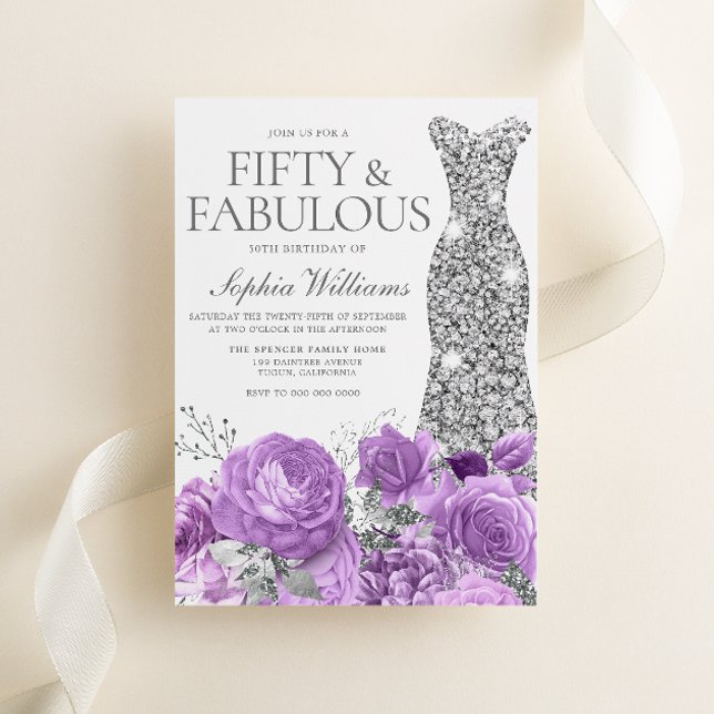 Lila Lavender & Silver 50:e Födelsedagsfesten Inbjudningar (Skapare uppladdad)