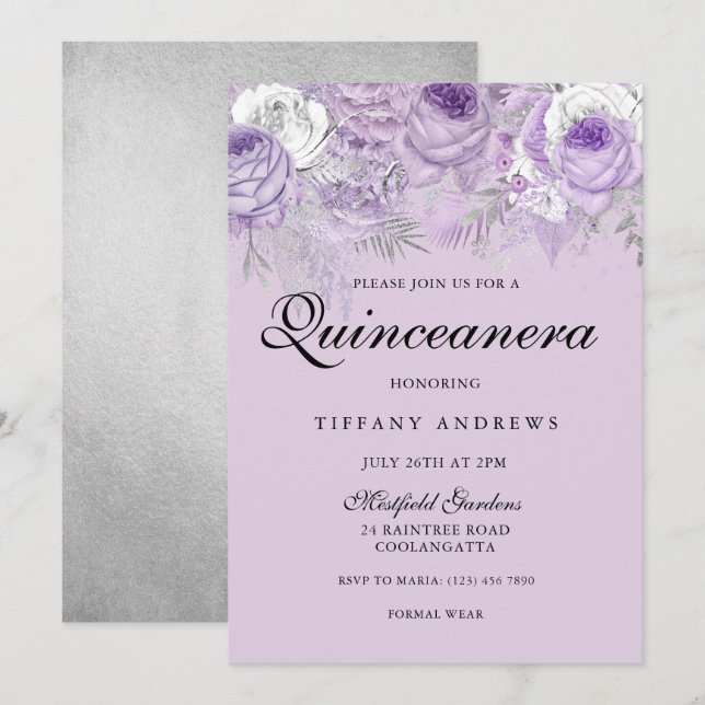 Lila Lavender Silver Flowers Quinceanera Party Inbjudningar (Fram/baksida)