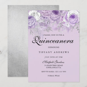 Lila Lavender Silver Flowers Quinceanera Party Inbjudningar