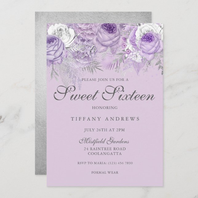 Lila Lavender Silver Flowers Sweet 16 Inbjudan (Fram/baksida)