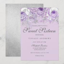 Lila Lavender Silver Flowers Sweet 16 Inbjudan