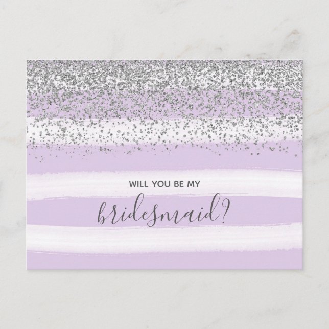 Lila Lavender & Silver Glitter BE min Bridesmaid Inbjudan Vykort (Framsida)