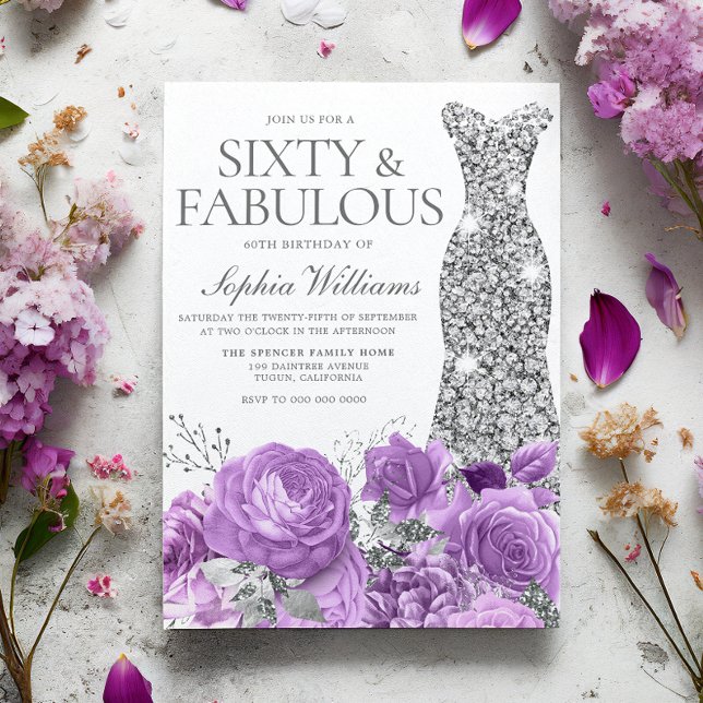 Lila Lavender & Silver Gown 60:e Födelsedagsfesten Inbjudningar (Skapare uppladdad)