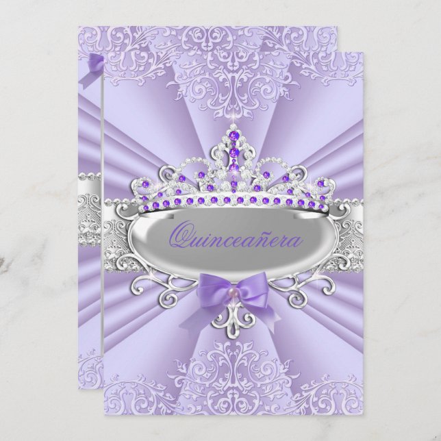 Lila Lavender Tiara Damask Quinceanera Party Inbjudningar (Fram/baksida)