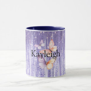 Lila Lavender Tinsel Rand Peach Butterflies Mugg