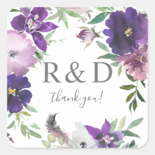 Lila Lavender & Violet Blommigt Monogram - Fyrkantigt Klistermärke