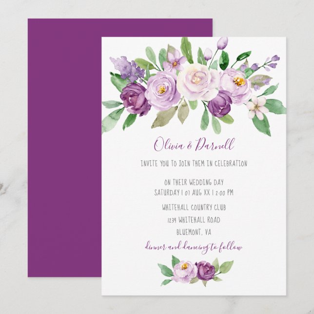 Lila Lavender Watercolor Blommigt Bröllop Inbjudningar (Fram/baksida)