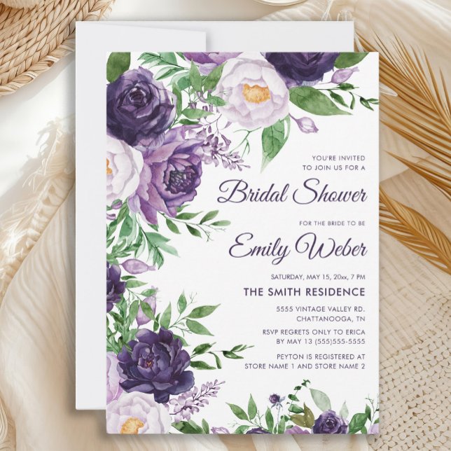 Lila Lavender Watercolor Blommigt Möhippa Inbjudningar (Elegant purple and lavender floral bridal shower invitation)