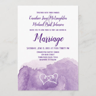 Lila Lavender Watercolor Dubbla Hearts Bröllop Inbjudningar