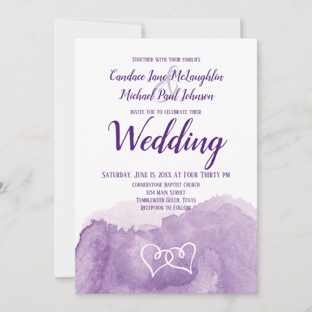 Lila Lavender Watercolor Dubbla Hearts Bröllop Inbjudningar (Framsida)
