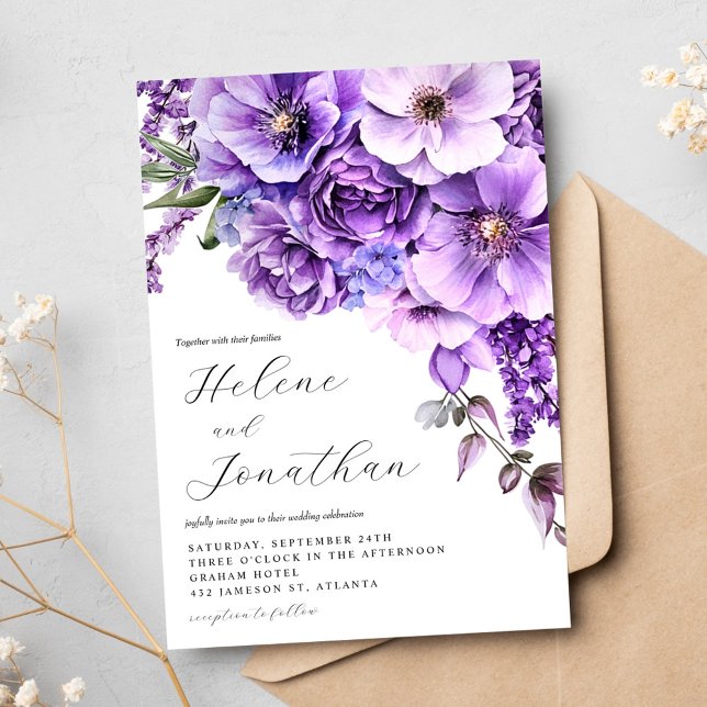 Lila Lavender Watercolor Garden Elegant bröllop Inbjudningar (Purple Lavender Watercolor Garden Elegant Wedding Invitation)
