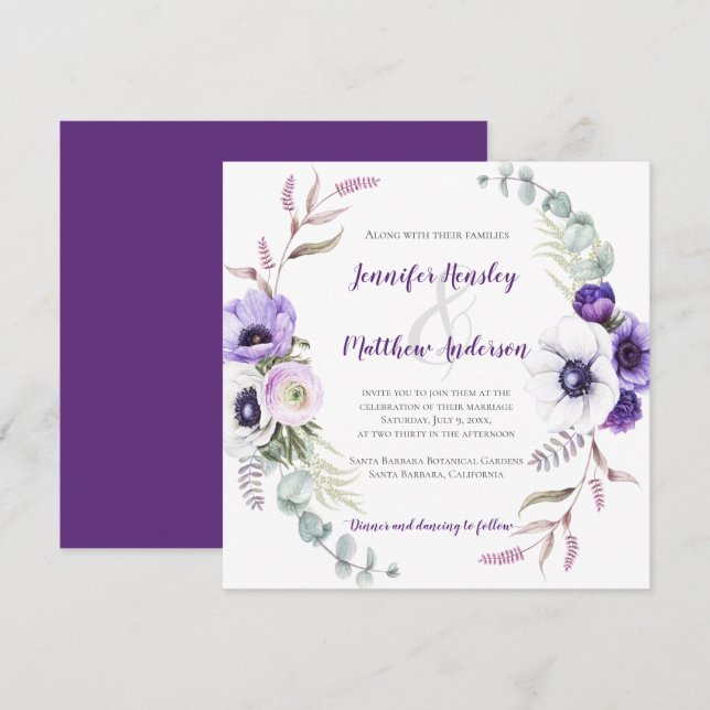 Lila Lavender White Watercolor Blommigt Square | Inbjudningar (Fram/baksida)