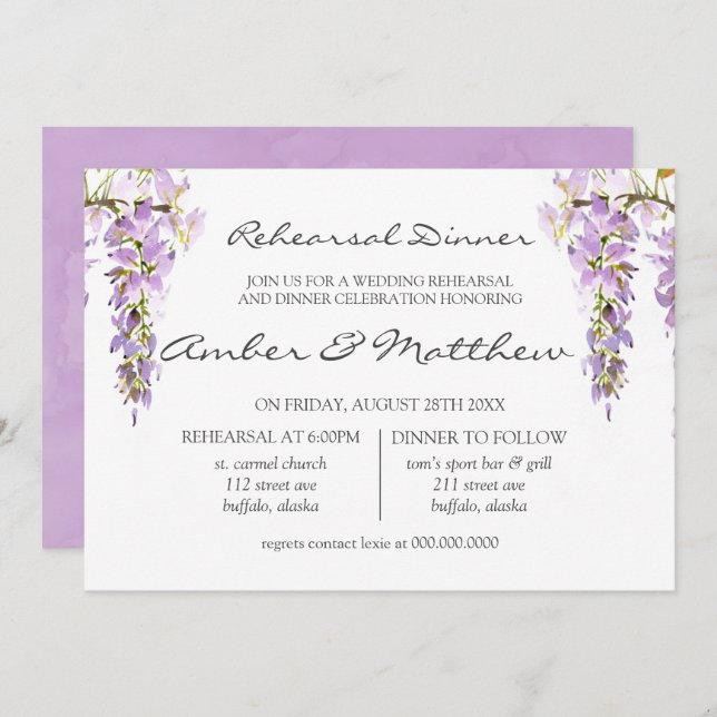 Lila Lavender Wisteria Rehearsal Middag Inbjudningar (Fram/baksida)