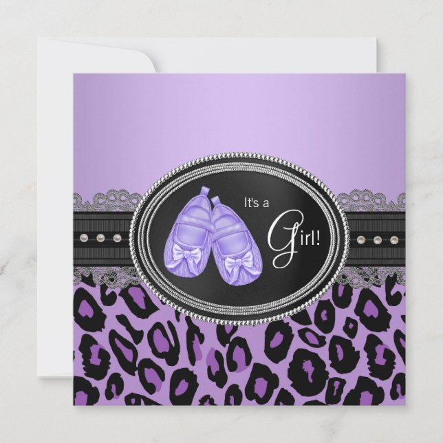 Lila Leopard Babyflicka Bebis Shower Inbjudningar (Framsida)