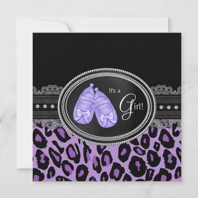 Lila Leopard Babyflicka Bebis Shower Inbjudningar (Framsida)