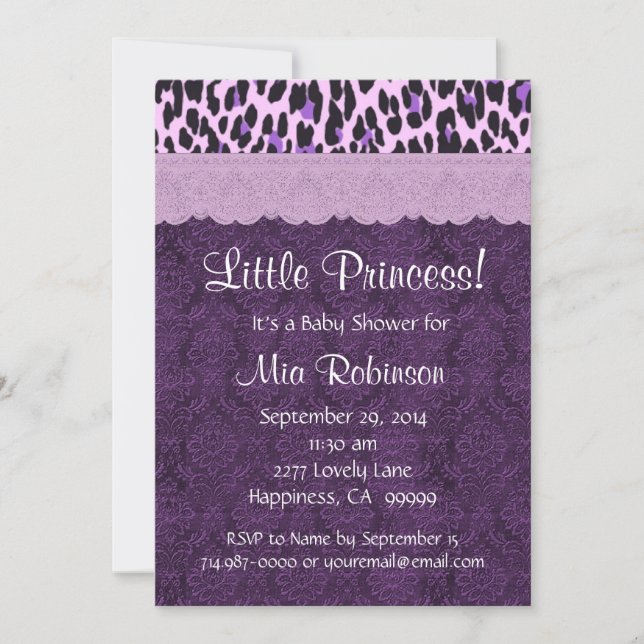 Lila Leopard Princess Flickbaby Shower S21K Inbjudningar (Framsida)
