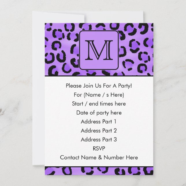 Lila Leopard Print Anpassningsbar Monogram. Inbjudningar (Framsida)