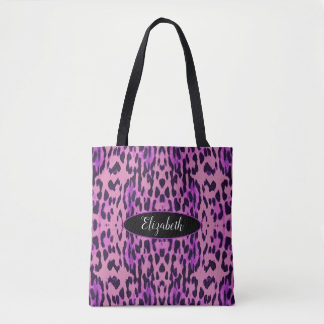 Lila Leopard Print Mönster Monogram Tygkasse (Framsida)
