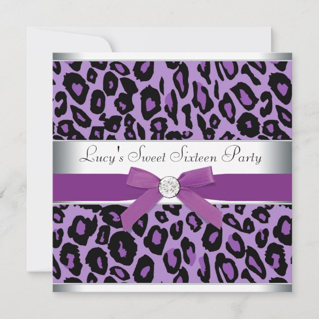 Lila Leopard Sweet 16-fest Inbjudningar (Framsida)