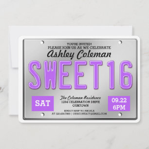Lila License Plate Sweet 16 Party-inbjudningar Inbjudningar