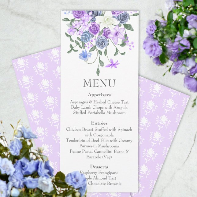 Lila Light Blue Bukett med rosor Middag Menu Inbjudningar (purple lavender light dusty blue wedding reception dinner menus, rose bouquet, springtime summer )