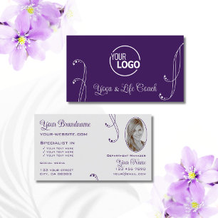 Lila Light Grått Chic Ornate med Logotyp och foto Visitkort