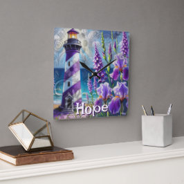 Lila Lighthouse w/Foxglove & Iris Personlig Fyrkantig Klocka