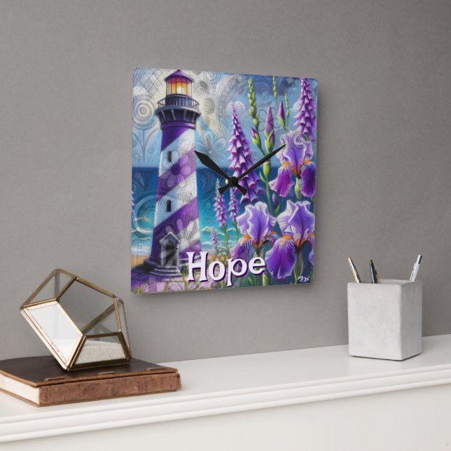 Lila Lighthouse w/Foxglove & Iris Personlig Fyrkantig Klocka (Kontor)