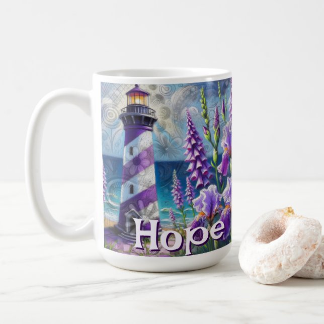 Lila Lighthouse w/Foxglove & Iris Personlig Kaffemugg (Med munk)
