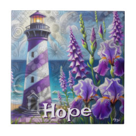Lila Lighthouse w/Foxglove & Iris Personlig Kakelplatta
