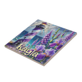 Lila Lighthouse w/Foxglove & Iris Personlig Kakelplatta