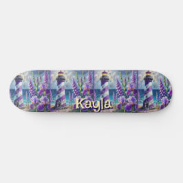 Lila Lighthouse w/Foxglove & Iris Personlig Mini Skateboard Bräda 18,5 Cm