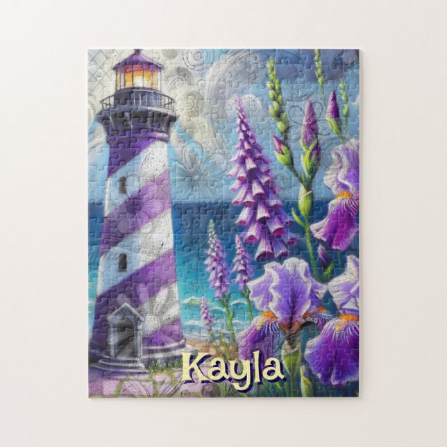Lila Lighthouse w/Foxglove & Iris Personlig Pussel (Vertikal)