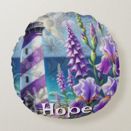 Lila Lighthouse w/Foxglove & Iris Personlig Rund Kudde