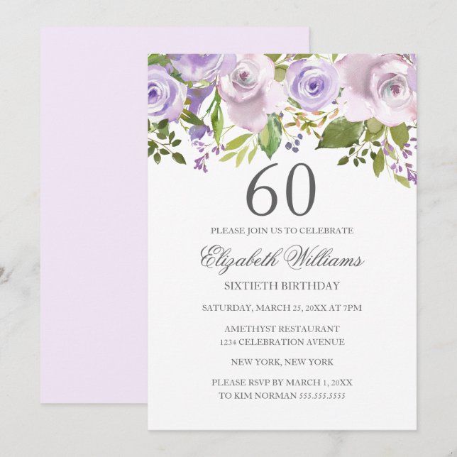 Lila Lila Akvarell Blommig 60-årsdag Inbjudningar (Fram/baksida)