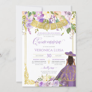 Lila lila blomster- och guld Charro Quinceanera Inbjudningar