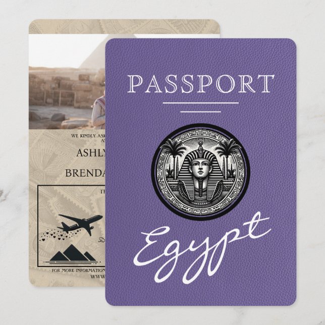 Lila lila egyptiskt pass med bröllopsinbjudan inbjudningar (Fram/baksida)