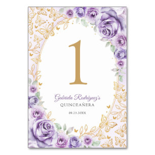 Lila lila guld Blommig Quinceanera Bordsnummer