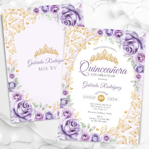 Lila Lila Guld Blommig Quinceanera Inbjudningar