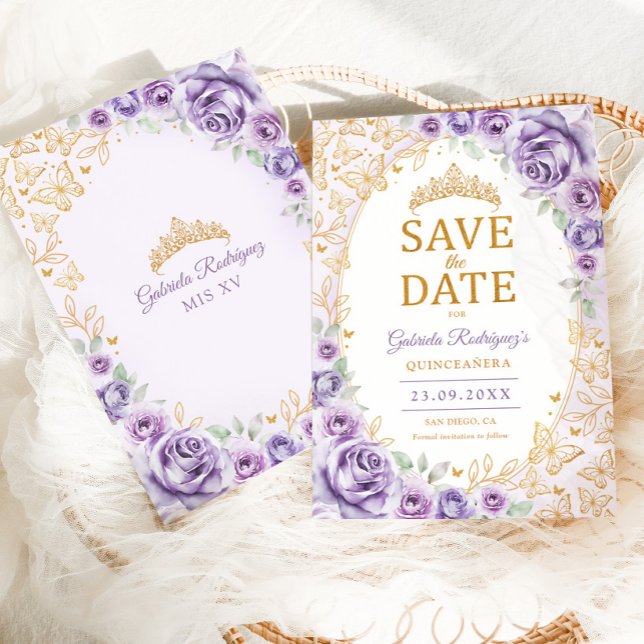Lila Lila Guld Blommig Quinceanera Spara Datumet (Skapare uppladdad)