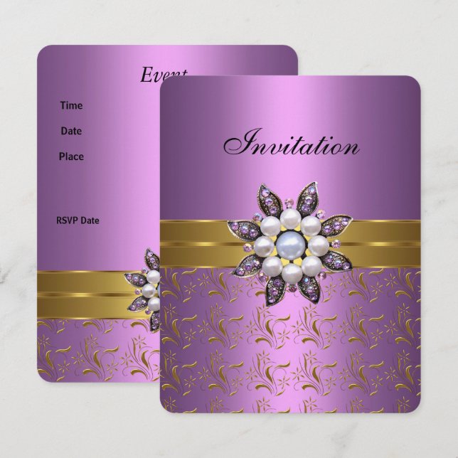 Lila lila guld inbjudan smycke blom elegant klänni (Fram/baksida)